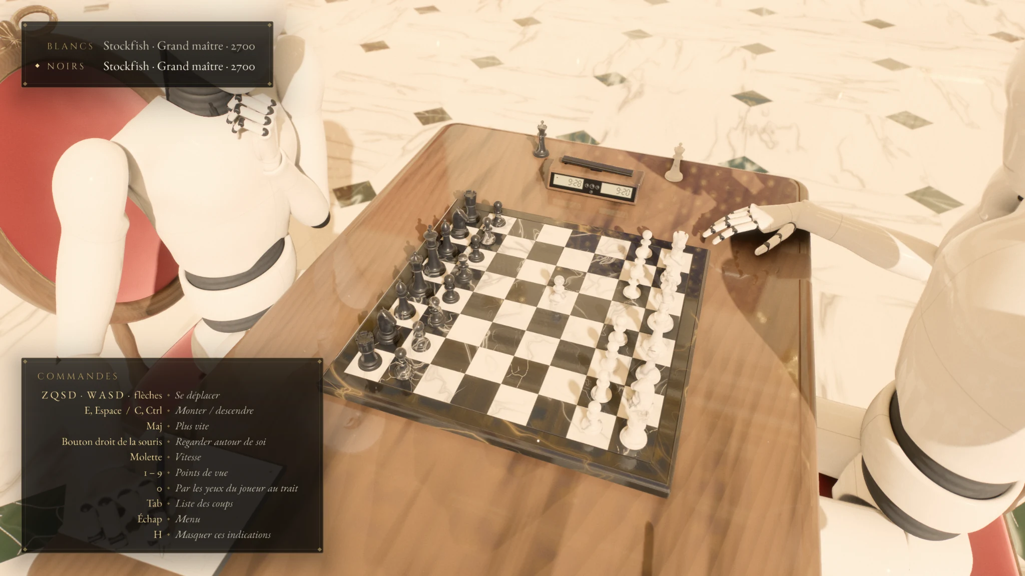 A marble chessboard and wooden chess clock, with two players seated across a polished table.