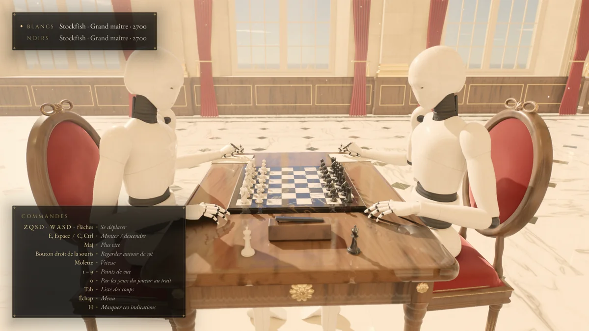 Two ivory-colored humanoid players face each other over a chessboard in a sunlit, ornate hall.