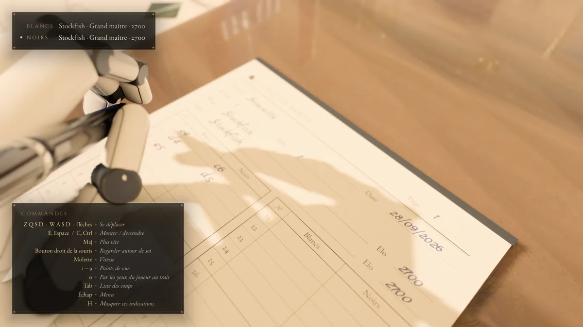 A player holds a pen above a handwritten chess scoresheet resting on the wooden table.